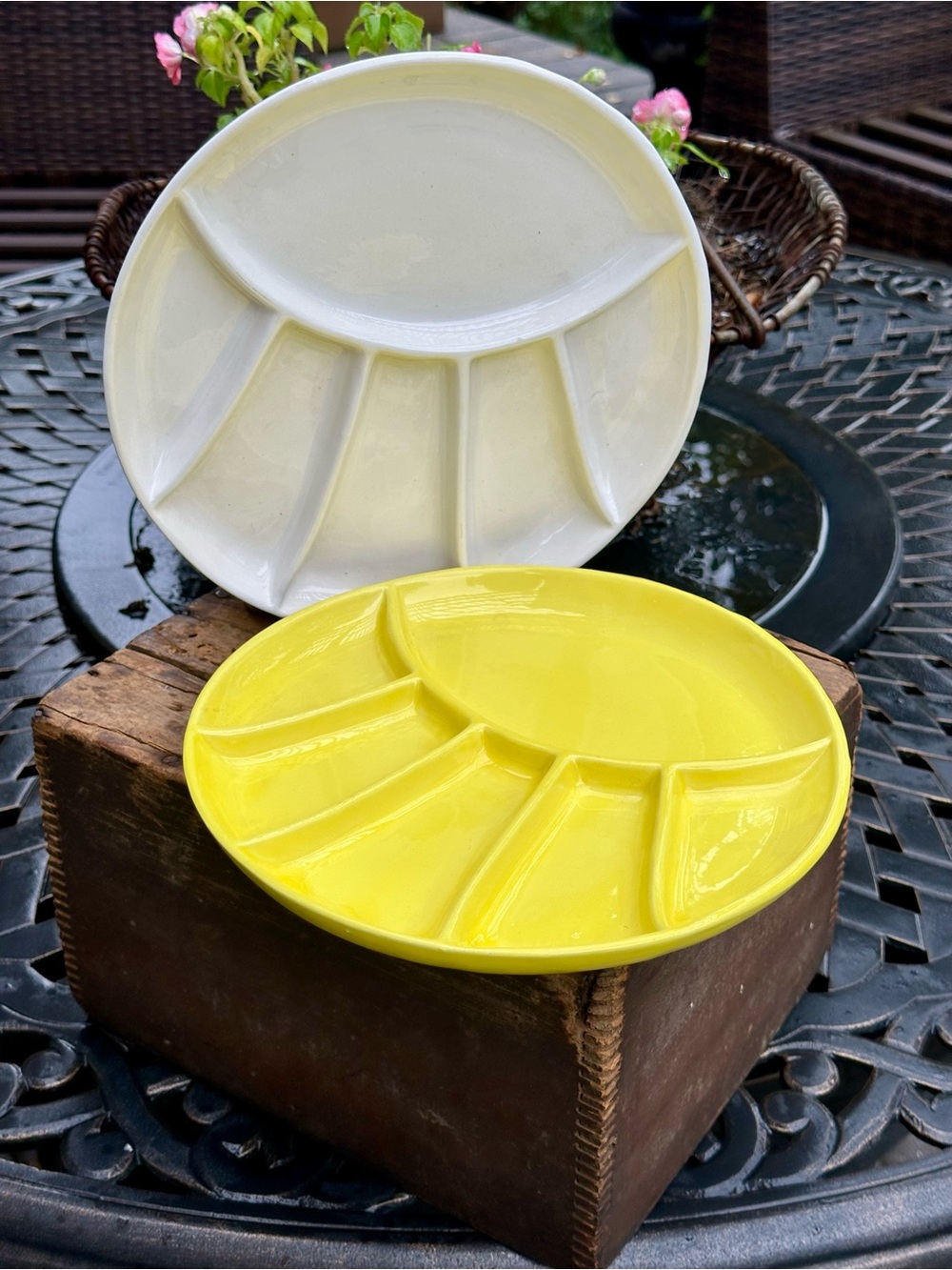 Vintage Divided Serving Plates Yellow & Ivory Set of 2 Retro